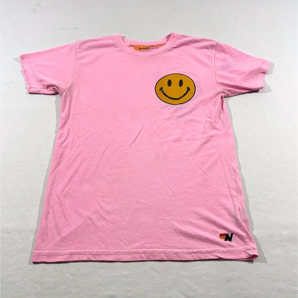 Aviator Nation Pink Smiley 2 Tee T-Shirt Kids Short Sleeve Crew Print Sz 14 USA